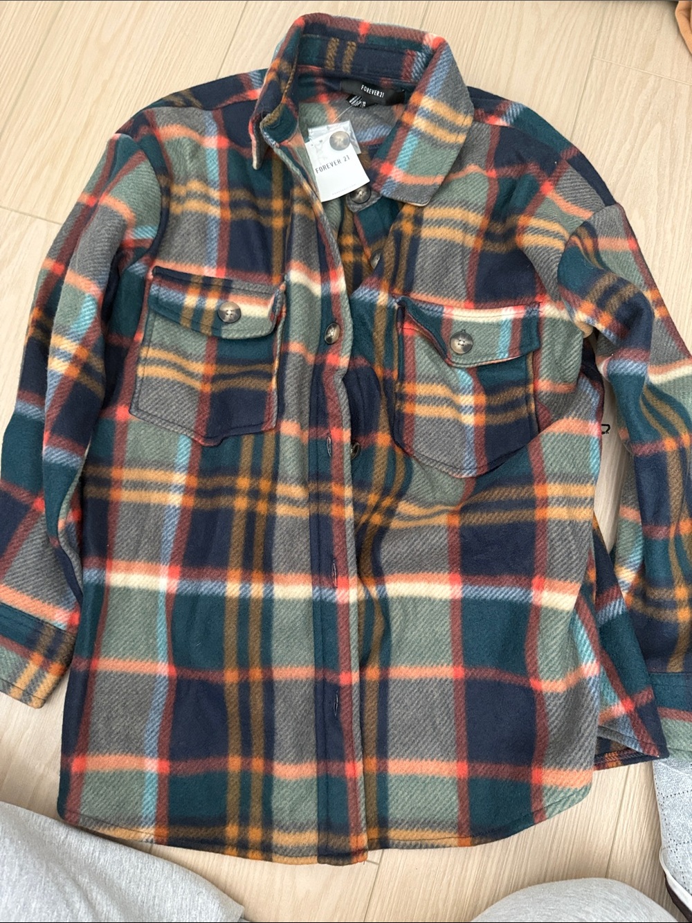 Forever 21  Navy, Green & Orange Plaid Button-Up Shirt Jacket